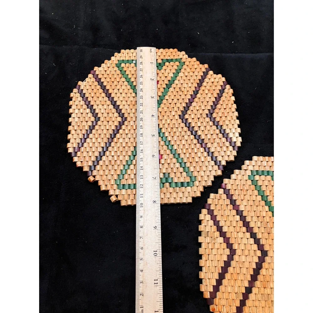 Wooden Bead Trivets Set of 2 Tan Green Geometric Vintage